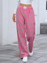 Red and white gingham check plaid wide leg casual pants with high waist and elastic waistband