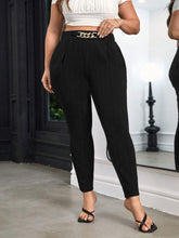Plus size elegant high waist black trousers with gold chain belt detail and side slit for a chic look