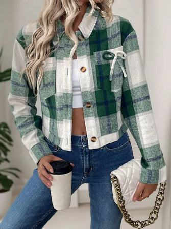 Perfee Color Block Button Up Jacket Dark Green Woman Outerwear