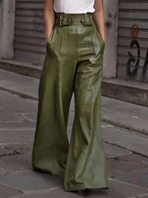 Olive green leather half elastic waist wide leg pants with structured belt and front pleats in flare style