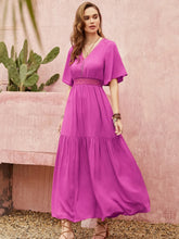 Lace Detail V-Neck Short Sleeve Midi Dress Red-Violet