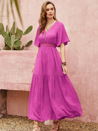 Lace Detail V-Neck Short Sleeve Midi Dress Red-Violet