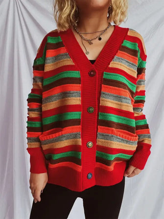 Contrast Stripes Button Up Long Sleeve Cardigan Deep Red One Size Casual Dresses