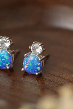 Sterling silver 4-prong opal stud earrings with blue opal and CZ stones