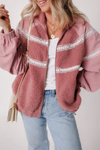 Lace Detail Zip Up Sherpa Patchwork Jacket Dusty Pink XL Woman Outerwear