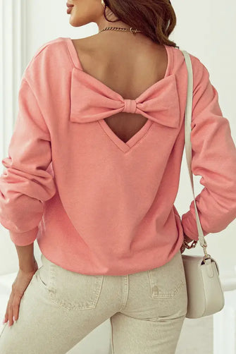 Bow Round Neck Long Sleeve Sweatshirt Coral Woman Sweatshirts