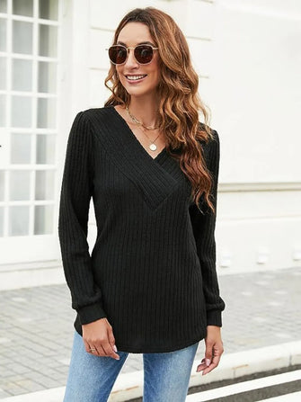 Ribbed Surplice Long Sleeve T-Shirt Black