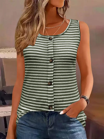 Striped Button Front Knit Tank Top Army Green