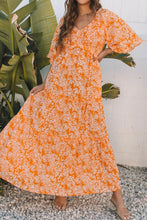 Floral Print Smocked V Neck Wide Sleeve Maxi Dress