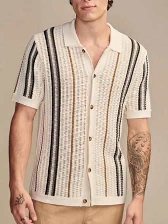 Men's Plus Size Striped Collared Neck Short Sleeve Shirt Beige Mens Tops