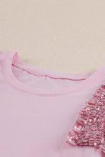 Pink sequin round neck tank blouse with ruffles and elastic waistband