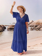 Plus Size Lace Detail Tie Neck Short Sleeve Maxi Dress Dark Blue