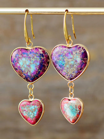 Heart Shape Imperial Jasper Dangle Earrings Electric Purple One Size