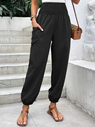 Smocked High Rise Joggers with Pockets Black