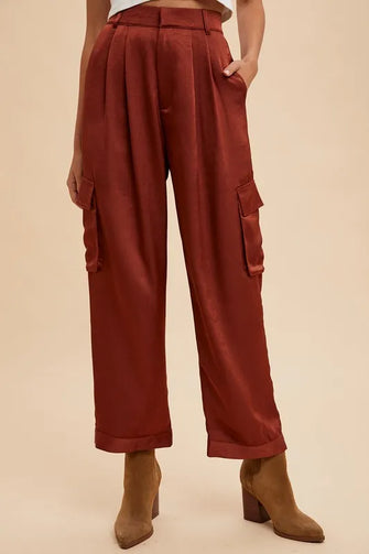 Annie Wear Wide Leg Cargo Satin Pants Burgundy