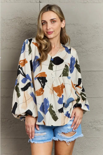 Hailey & Co Wishful Thinking Multi Colored Printed Blouse Beige Woman Blouses