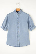 Ruffle Short Puff Sleeve Button Down Denim Shirt Woman Denim Tops