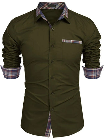 Men's Plaid Collared Neck Long Sleeve Shirt Army Green