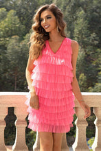 V-Neck Tiered Sleeveless Mesh Dress Strawberry