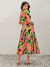 Tropical Print V-Neck Short Sleeve Midi Dress Casual Dresses