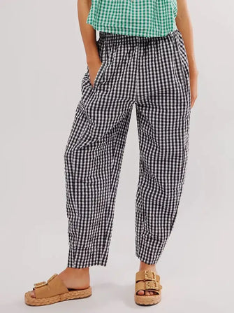 Plaid Elastic Waist Pants Black Woman Pants