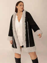 Plus Size Fuzzy Trim Open Front Long Sleeve Hooded Coat Woman Outerwear