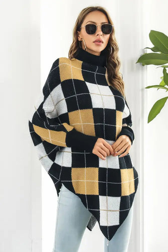 Plaid Turtleneck Dolman Sleeve Poncho Plaid Woman Poncho