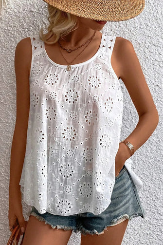 Eyelet Round Neck Wide Strap Tank White Tanks & Camis