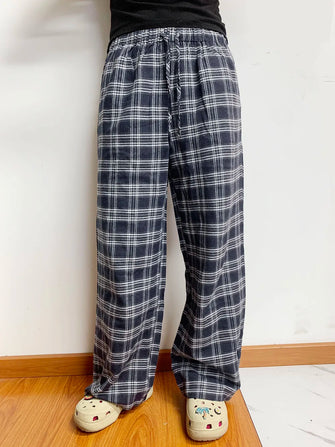 Plaid Drawstring Wide Leg Pants Dusty Blue