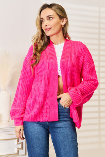 Woven Right Rib-Knit Open Front Drop Shoulder Cardigan Hot Pink
