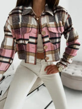 Pocketed Collared Neck Long Sleeve Plaid Jacket Woman Outerwear