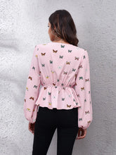 Butterfly V-Neck Balloon Sleeve Peplum Blouse Woman Blouses