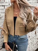 Cable-Knit Tied Open Front Lantern Sleeve Cardigan Camel Woman Outerwear