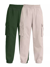A 2 piece elastic waist cargo pants set in olive green and beige with drawstring hems and elastic waistbands