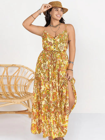 Plus Size Printed V-Neck Maxi Cami Dress Gold