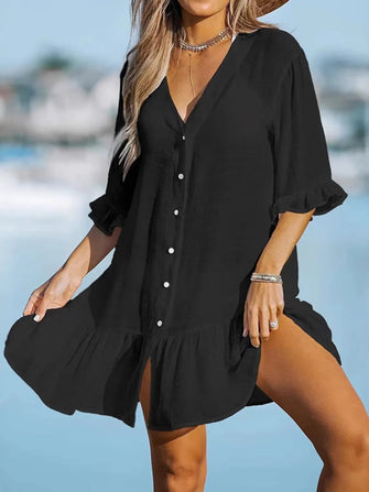 V-Neck Button Down Beach Cover Up Dress Black