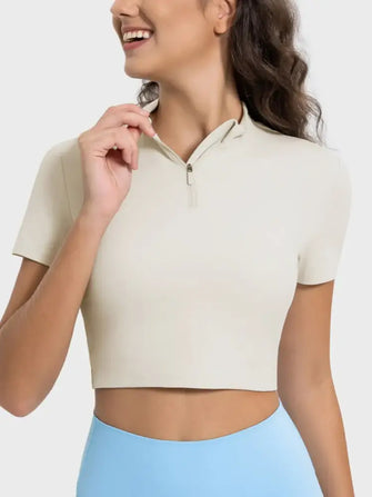 Millennia Quarter Zip Short Sleeve Active T-Shirt Beige Woman Activewear