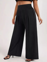 Plus size high waist black wide leg trousers with smocked elastic waist for comfortable stylish wear