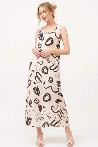 And The Why Square Neck Abstract Printed Maxi Dress BEIGE