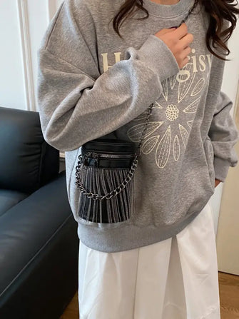 Fringe PU Leather Bucket Bag Black One Size Shoulder Bags