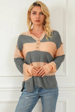 Striped Buttoned Dropped Shoulder Slit Sweater Sweater Pullovers