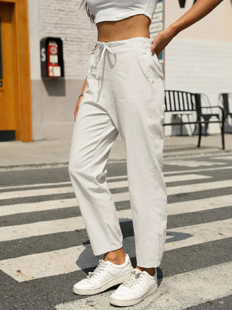 Elastic Waist Tapered Pants White
