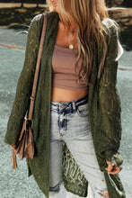 Openwork Open Front Long Sleeve Cardigan Army Green