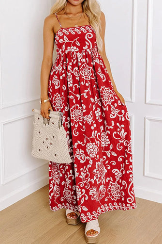 Floral Printed Spaghetti Strap Empire Waist Maxi Dress Red