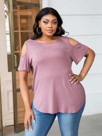Plus Size Cold-Shoulder Round Neck Curved Hem Tee Dusty Pink