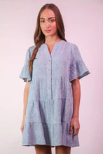 VERY J Mineral Washed Baby Bell Sleeve Woven Mini Dress Denim Casual Dresses