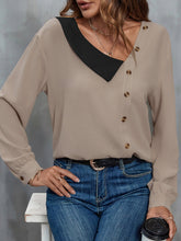 Perfee Asymmetrical Neck Buttoned Long Sleeve Top Camel