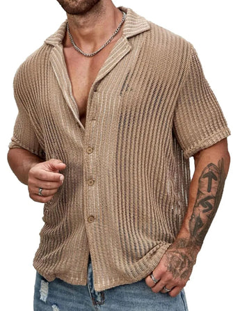 Men's Full Size Openwork Button Down Short Sleeve Shirt Plus Size Mocha