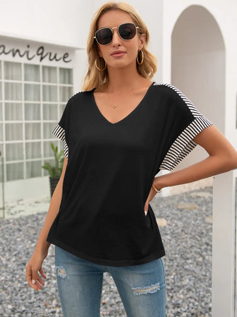 Ivy Lane Striped V-Neck Short Sleeve T-Shirt Black