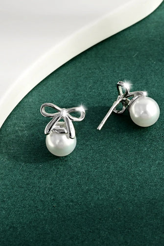 925 Sterling Silver Pearl Bow Earrings Silver One Size